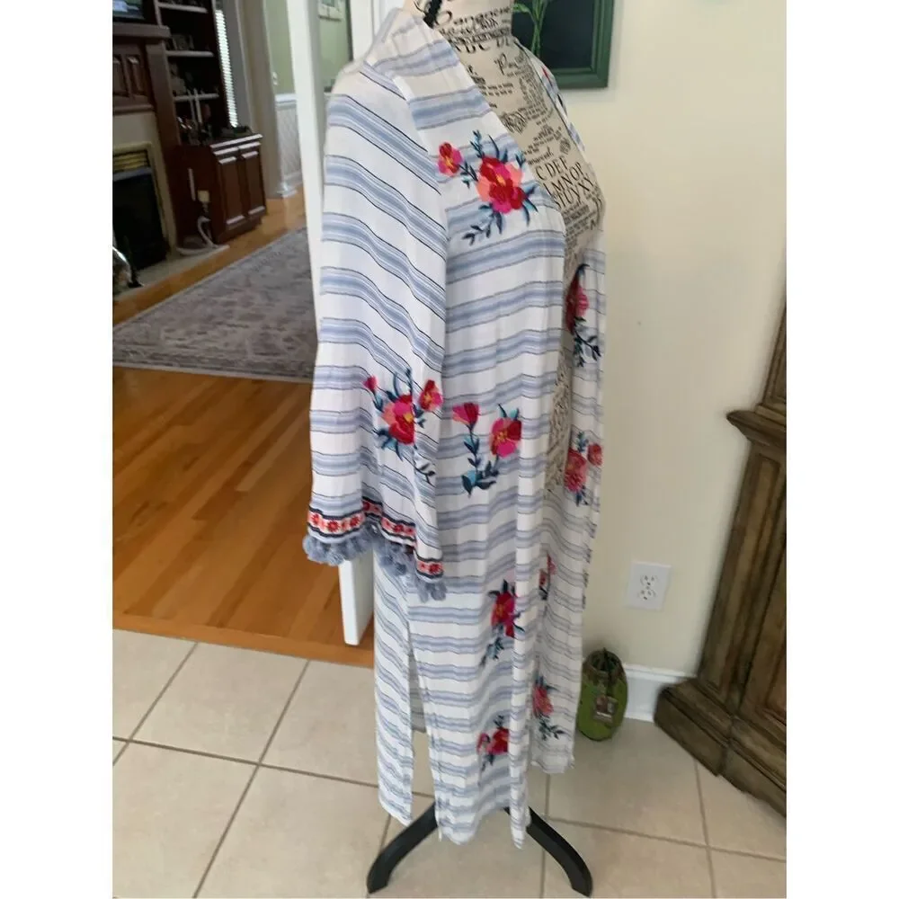 Altar'd State Blue Striped Embroidered Floral Boho Kimono Duster Cardigan